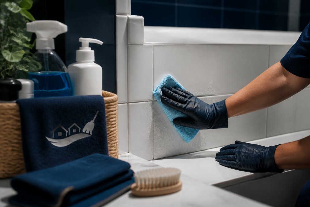 Close-up of hands using microfiber cloth to scrub bathroom tile and grout with cleaning spray bottle nearby, supplies organized on white countertop