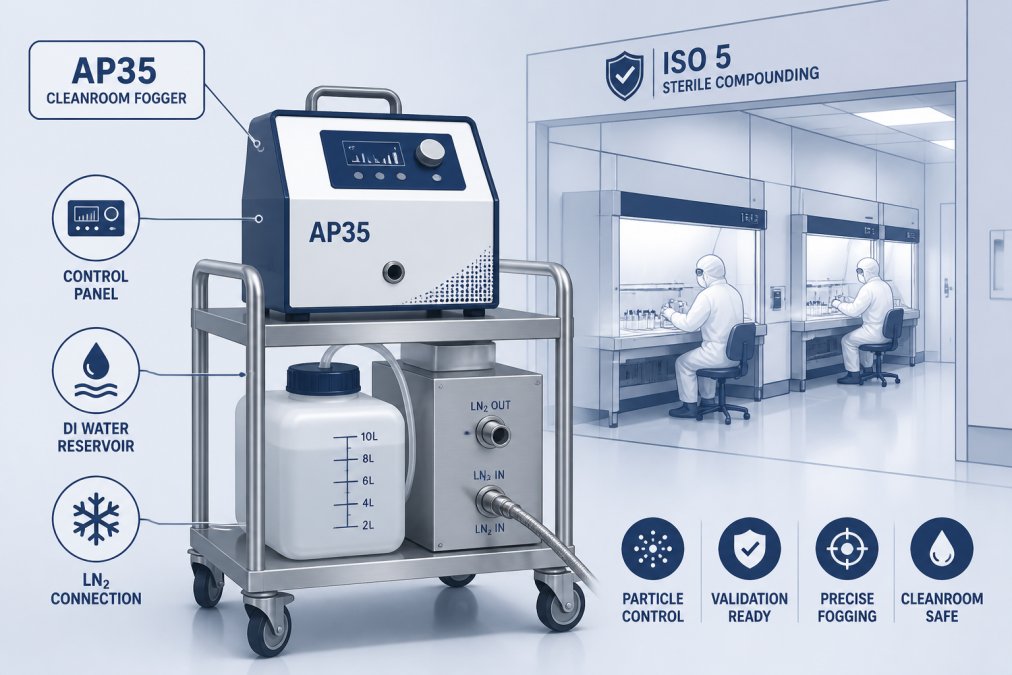 Close-up of Applied Physics AP35 cleanroom fogger equipment on a mobile stainless steel cart with DI water reservoir, control panel, and LN2 connection ports positioned in a modern pharmaceutical sterile compounding facility with ISO 5 workstations visible in background