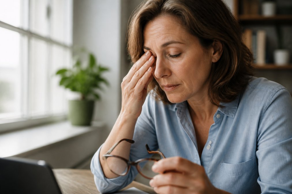 Middle-aged person gently touching their eye near a computer screen while seeking dry eye relief at a desk.