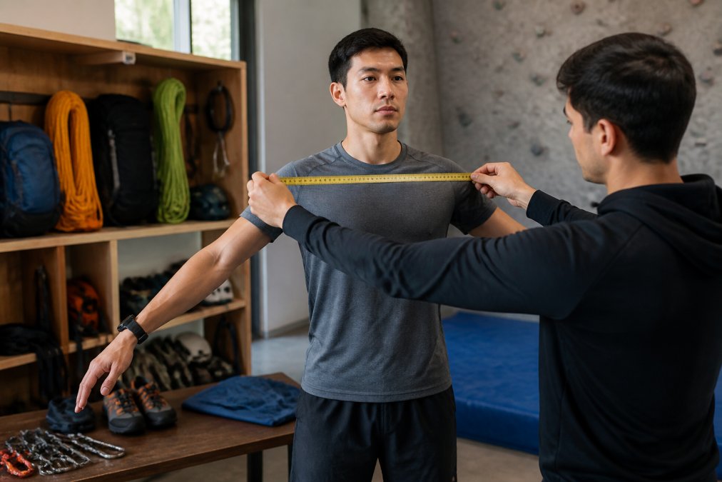 A broad-shouldered male athlete in athletic clothing standing with arms slightly raised while a second person measures his shoulder width with a flexible tape measure, natural indoor lighting