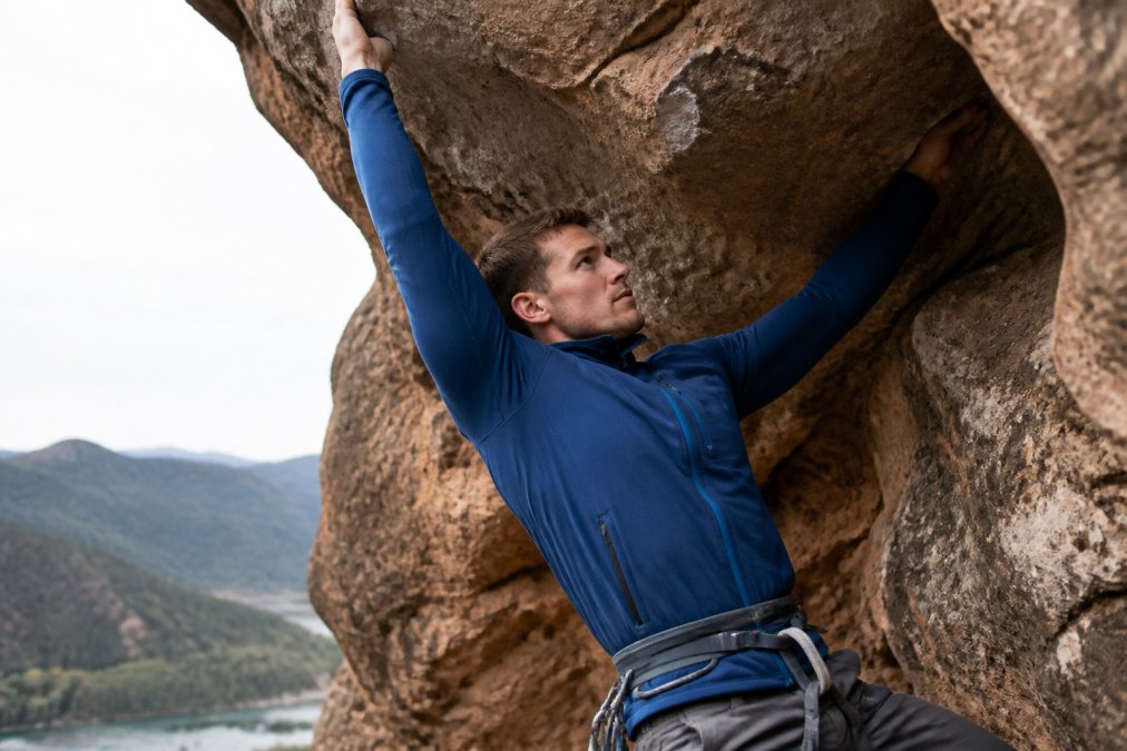 A muscular male climber wearing a fitted technical jacket on an outdoor rock face, arms extended overhead in a climbing position, showing full range of motion at the shoulders