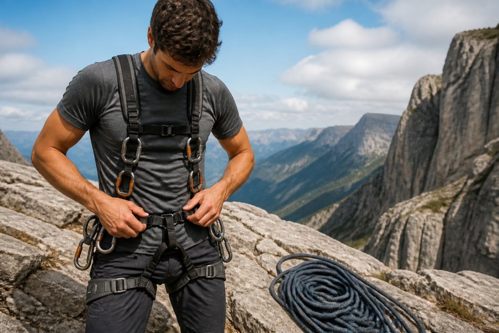 A climber wearing a full-body harness with multiple D-rings, adjusting the fit on a rocky mountain ledge with a rope coiled beside them