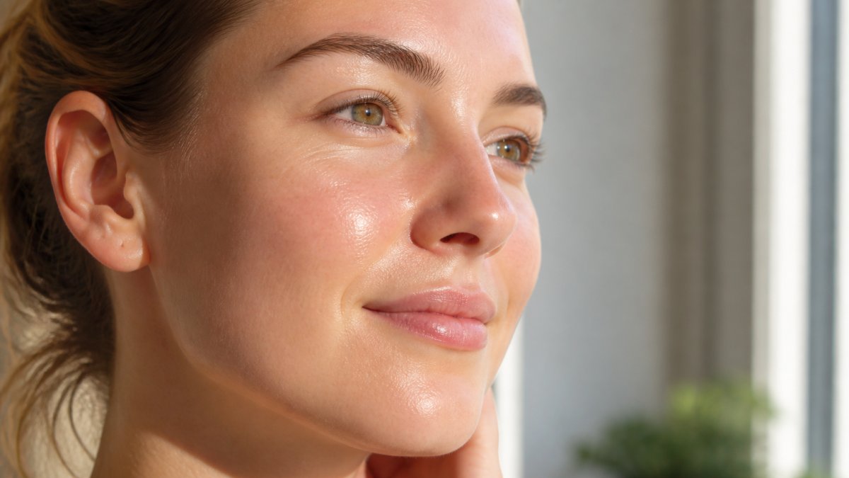 Close-up of person's face showing visibly calm, hydrated skin with smooth, even texture demonstrating results of clinical skincare use, natural morning light