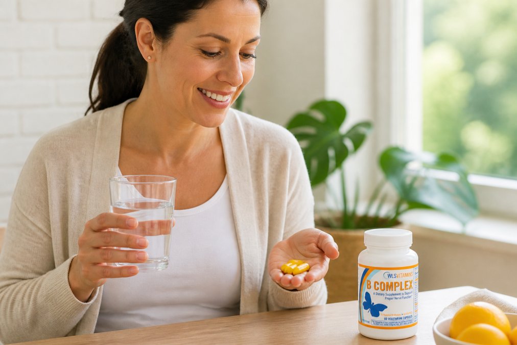 Person holding a glass of water with vitamins in hand, appearing energetic and healthy in natural daylight
