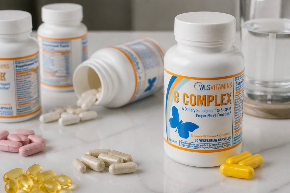 Close-up of various vitamin bottles and capsules arranged on a clean white surface with natural lighting, showing different supplement forms and colors