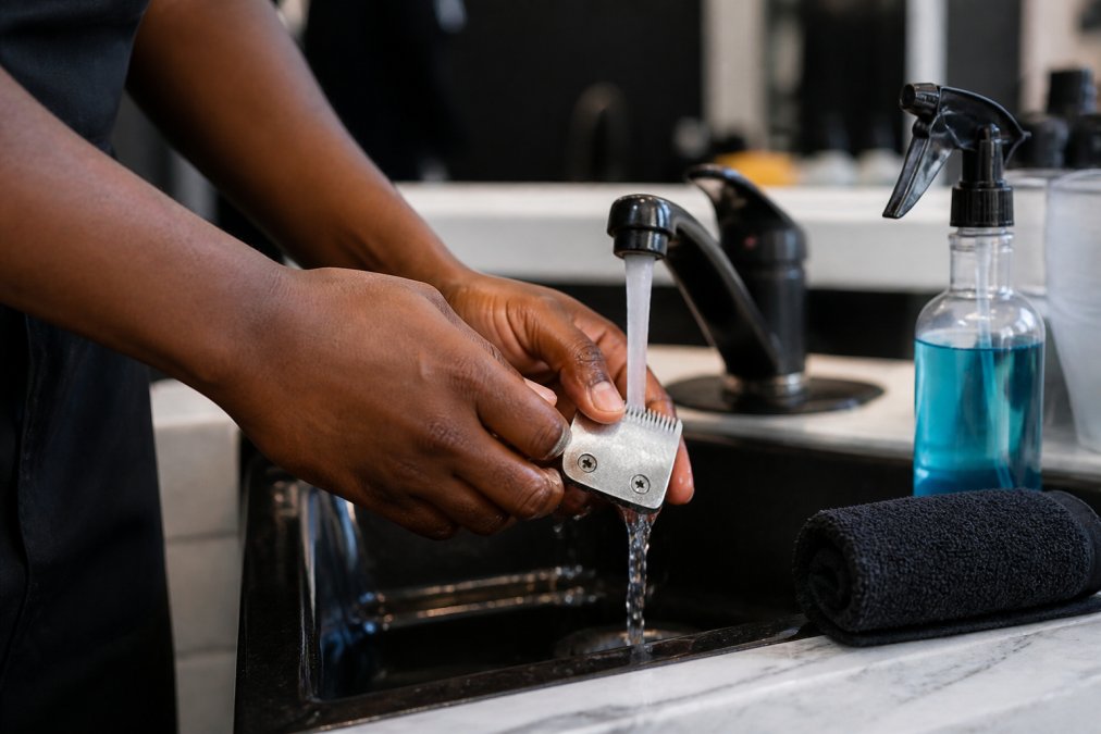 Close-up of a barber's hands holding a clipper blade under a stream of cool water at a station sink, with a spray bottle of disinfectant and a clean towel on the counter beside them