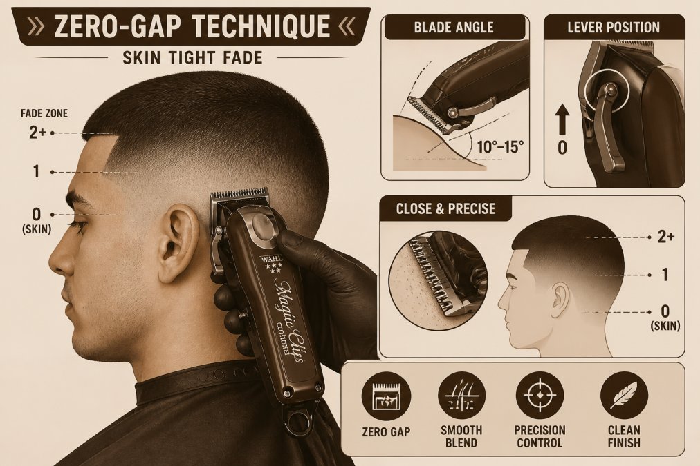 Professional barber demonstrating zero-gap technique with precision clipper on client's head, showing exact blade angle and lever positioning during skin tight fade cut under bright salon lighting