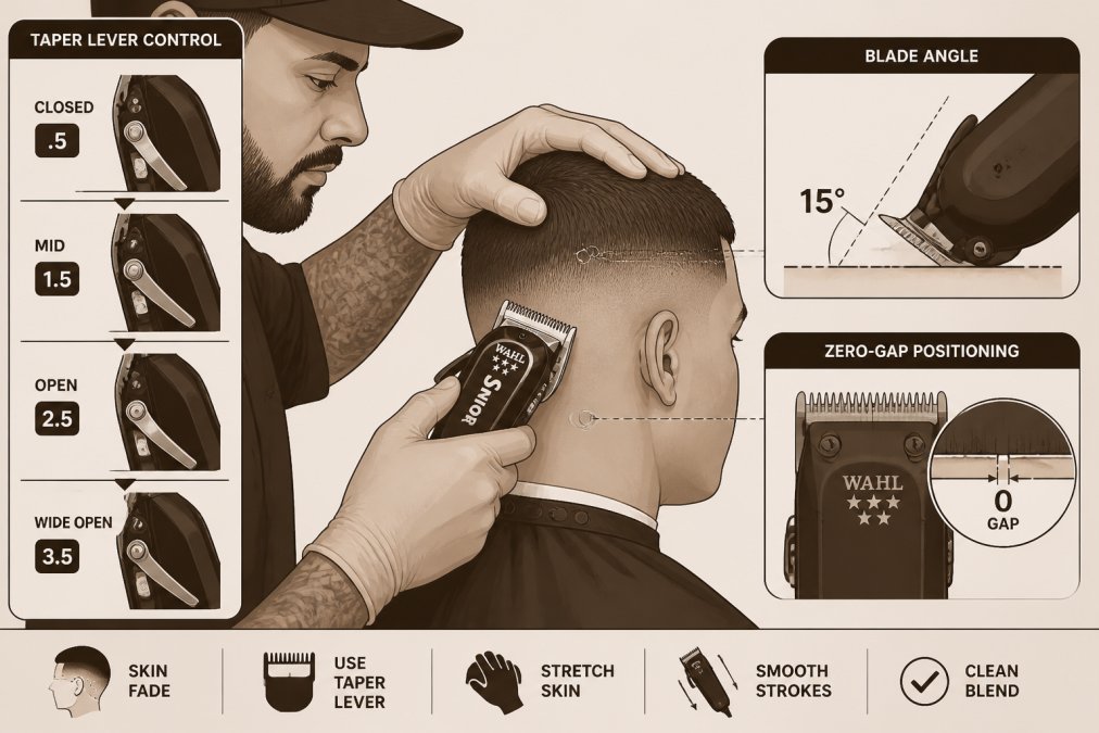 Barber demonstrating taper lever control and zero-gap positioning with professional clipper on client during skin tight fade, showing precise blade angle and hand positioning