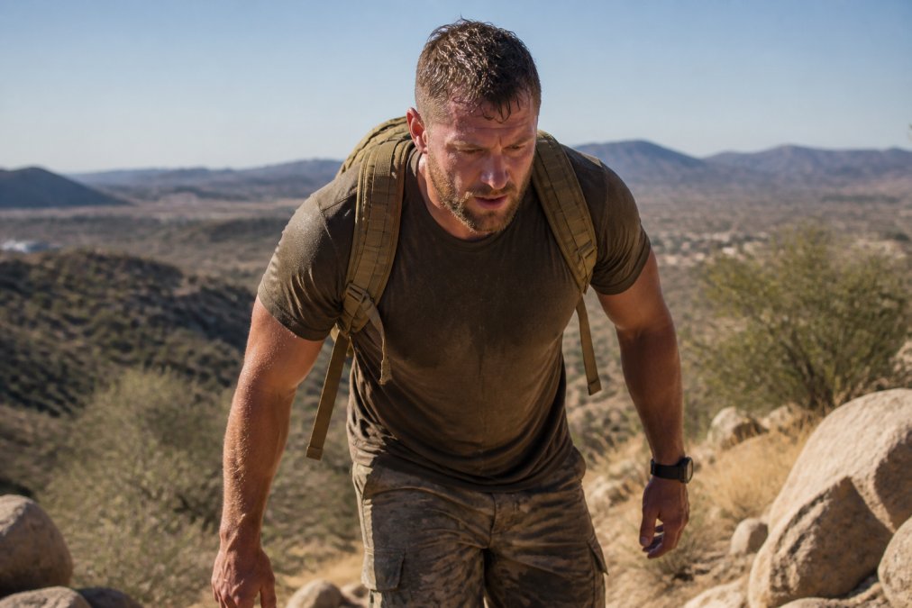 Active veteran in tactical training gear performing outdoor fitness activity, demonstrating moisture-wicking apparel during intense physical exertion with natural sunlight
