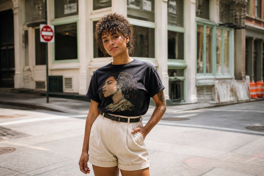 A stylish individual in a graphic t-shirt and high-waisted shorts standing confidently in a bright, modern urban setting with soft daylight