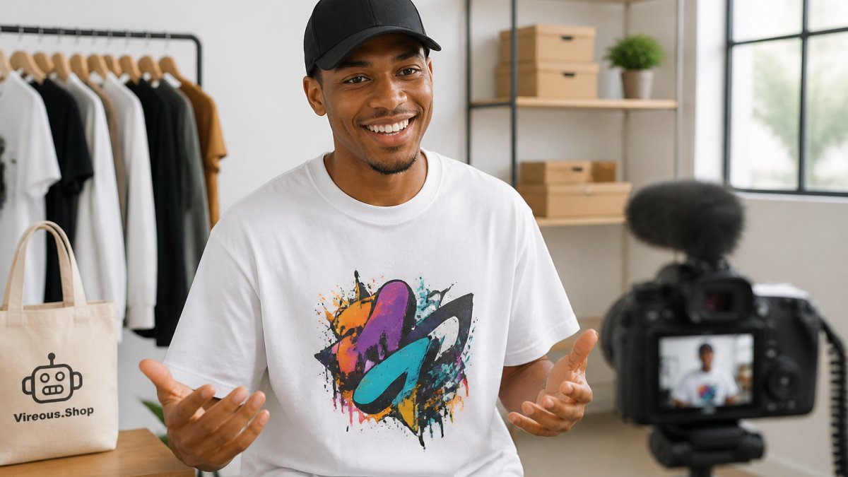 Creator wearing custom-designed graphic tee and branded cap while recording content in bright studio with professional lighting, showing authentic merch in action