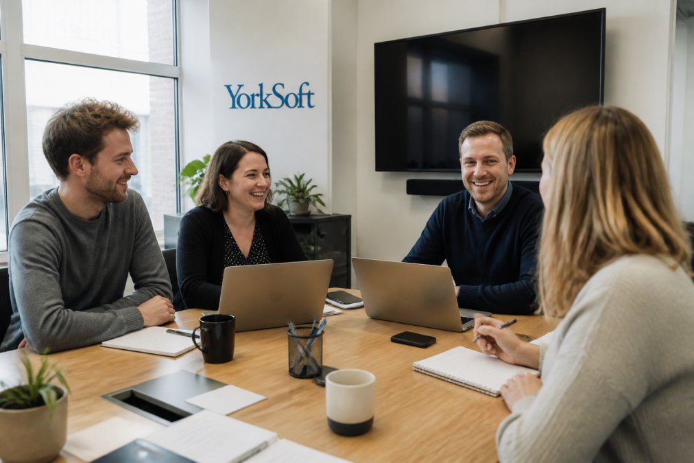 A small business team in a bright Northampton office reviewing cloud dashboards on laptops and a wall monitor, with notes and coffee on the desk