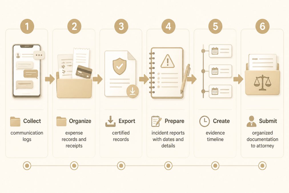 Flowchart showing documentation workflow: Collect communication logs → Organize expense records and receipts → Export certified records → Prepare incident reports with dates and details → Create evidence timeline → Submit organized documentation to attorney