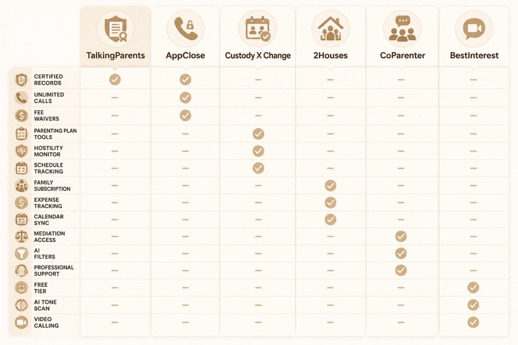 Comparison matrix of six best co-parenting apps for high conflict showing features: TalkingParents (certified records, sentiment scanner, call recording), AppClose (certified records, unlimited calls, fee waivers), Custody X Change (parenting plan tools, hostility monitor, schedule tracking), 2Houses (family subscription, expense tracking, calendar sync), CoParenter (mediation access, AI filters, professional support), BestInterest (free tier, AI tone scan, video calling)