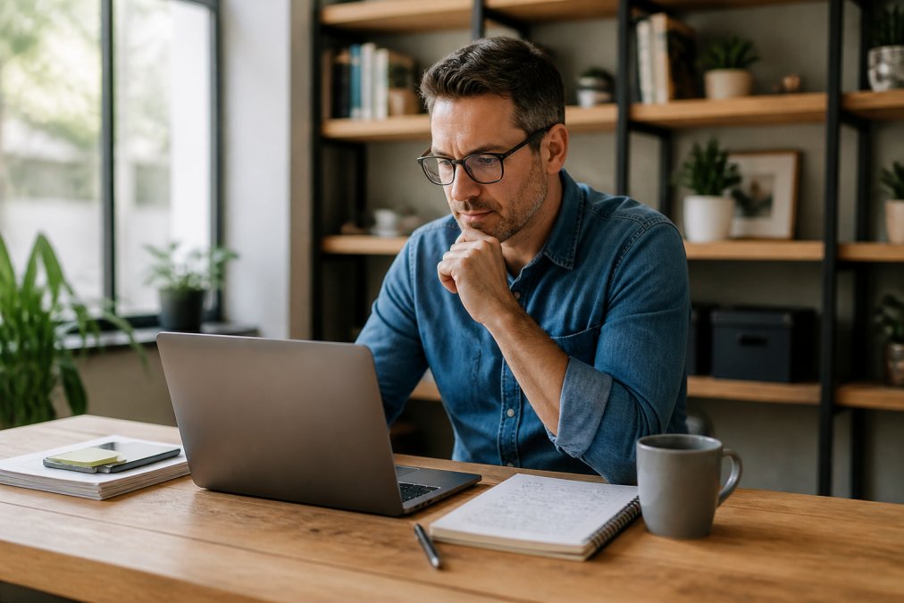 A small business owner in a modern office reviewing analytics on a laptop, with handwritten notes and a coffee cup on the wooden desk, warm natural light through the window