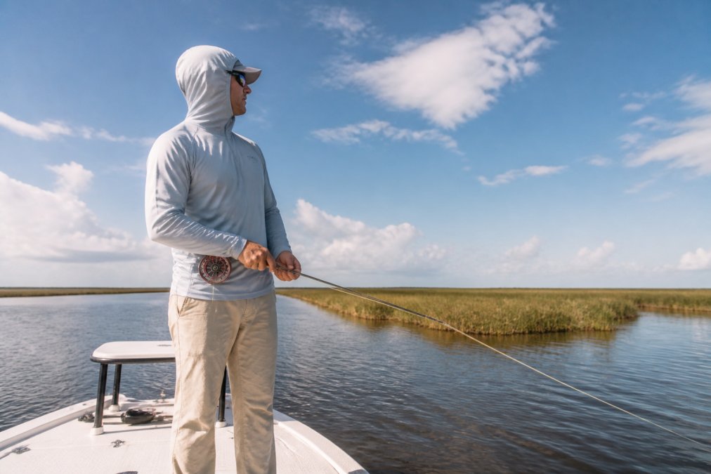 Angler wearing a performance fishing shirt and hood while holding a fly rod on a boat with coastal fishing gear