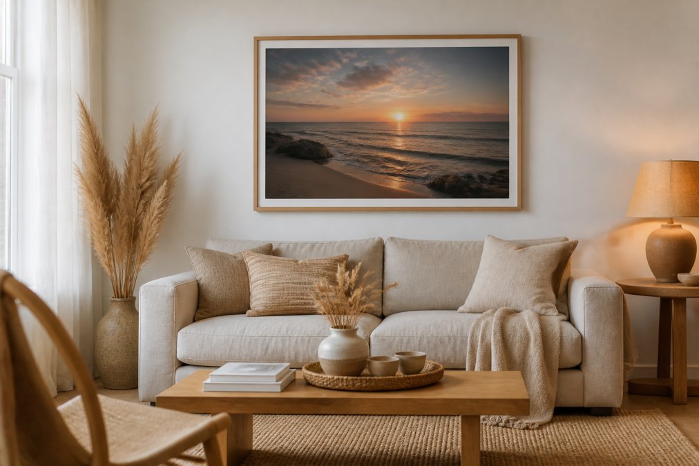 A bright modern living room with a large framed coastal sunset print centred above a neutral linen sofa, styled with jute rug, dried grasses and soft ambient lamp light
