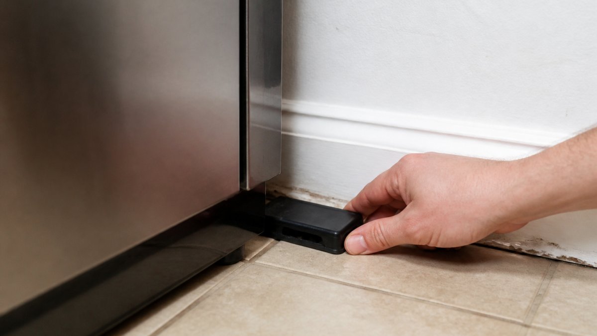Hand placing a cockroach bait station behind a kitchen appliance along the baseboard