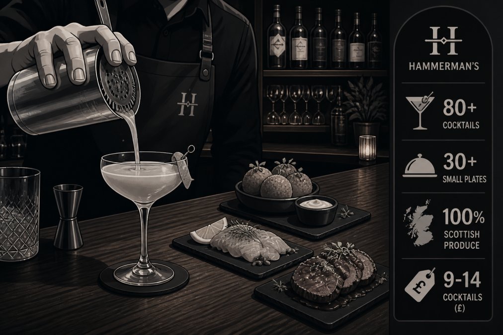 Close-up of a bartender pouring a hand-crafted cocktail at a wooden bar counter, with small plates of Scottish appetisers arranged on slate nearby, warm bar lighting reflecting off glassware and bottles
