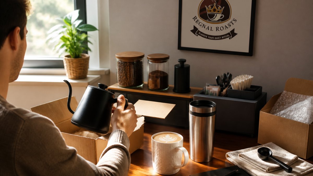Remote worker at a sunlit desk with a ceramic mug and organized coffee storage containers