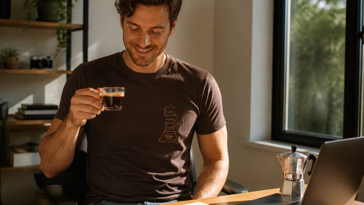 Coffee enthusiast wearing a premium coffee-themed t-shirt while holding a freshly brewed espresso cup at a modern home workspace with natural morning light, showing the shirt's fit and comfort in everyday wear