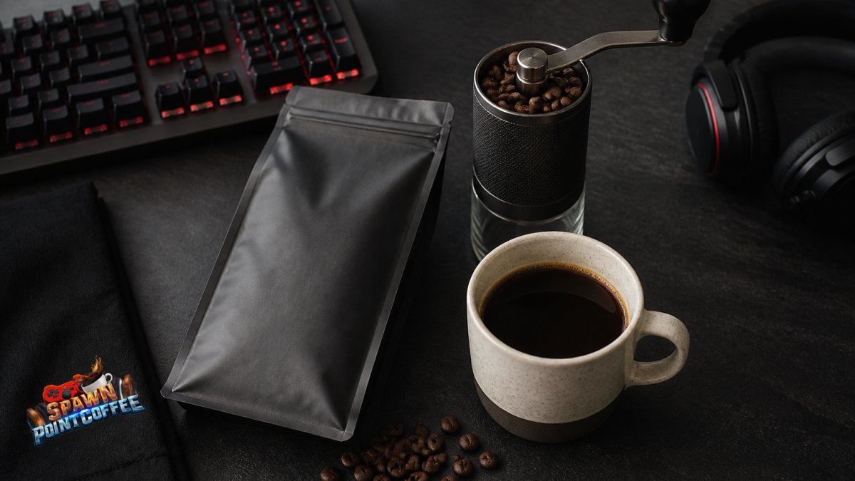 A one-pound bag of whole bean coffee, a filled mug, and a hand grinder on a desk with a mechanical keyboard.
