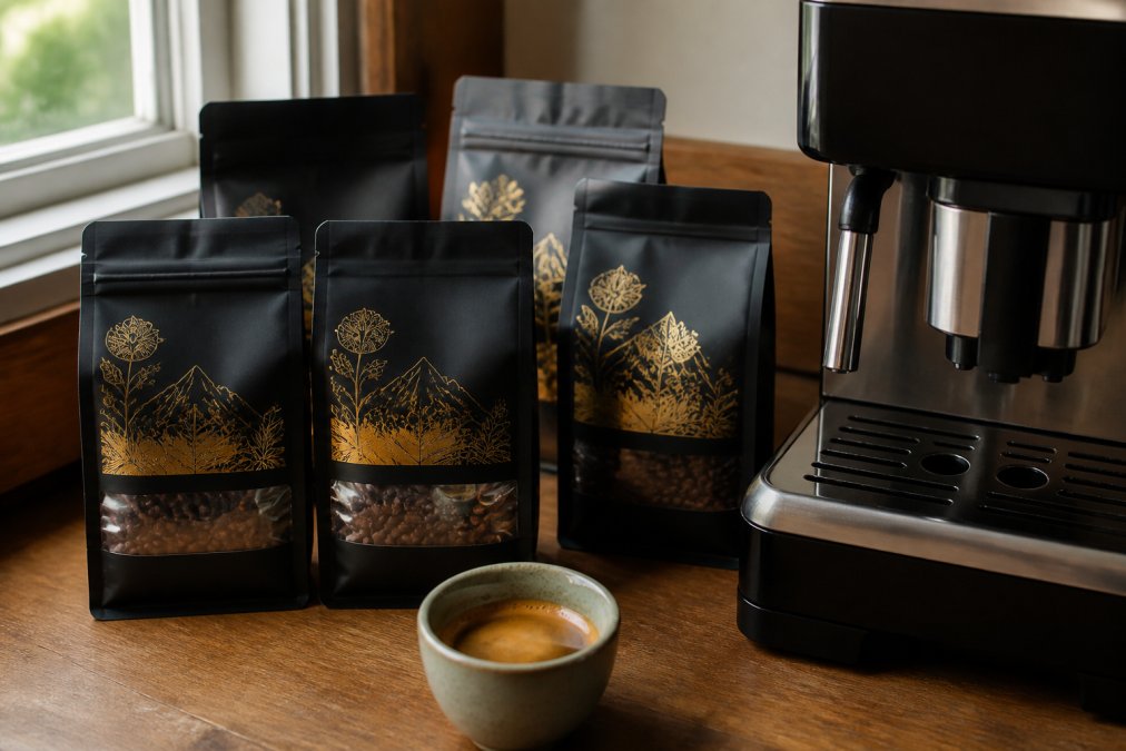 Flat lay of several bags of whole bean specialty coffee arranged on a wooden surface next to a super-automatic espresso machine, with a freshly pulled espresso shot in a small ceramic cup in the foreground, warm natural light from a nearby window