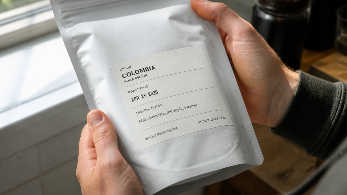 Infographic detailing how to read coffee labels for origin, roast date, and tasting notes when selecting beans.