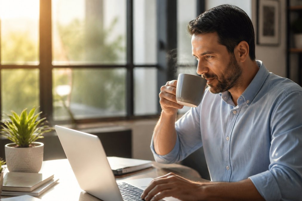 Professional at a minimalist desk with a steaming mug of coffee, laptop open, morning sunlight streaming through the window, focused on work with a satisfied expression