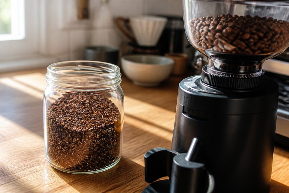 A close-up of coarse ground coffee beans in a glass jar next to a burr grinder on a kitchen counter, warm morning light