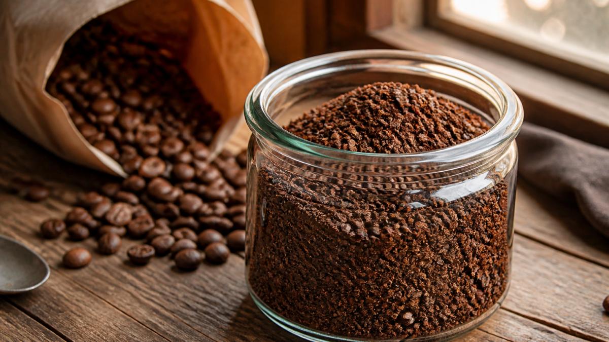 A close-up of a glass jar filled with dark, coarse-ground coffee beans sitting on a rustic wooden table, with a bag of freshly roasted coffee beans slightly blurred in the background and soft morning light coming through a window