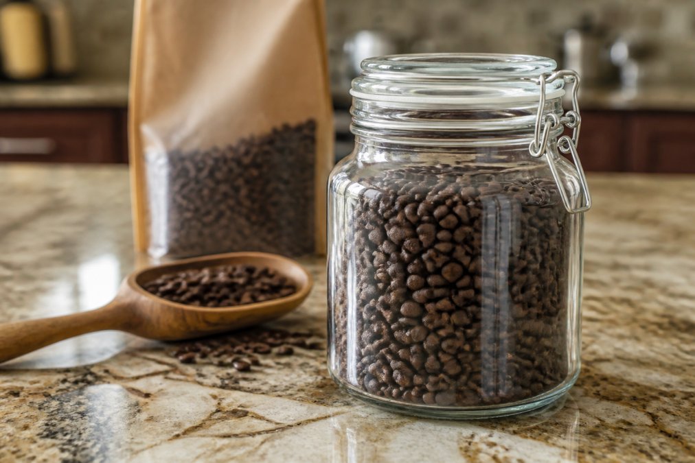 Roasted coffee beans stored in a clear airtight glass jar on a kitchen counter with a wooden scoop nearby