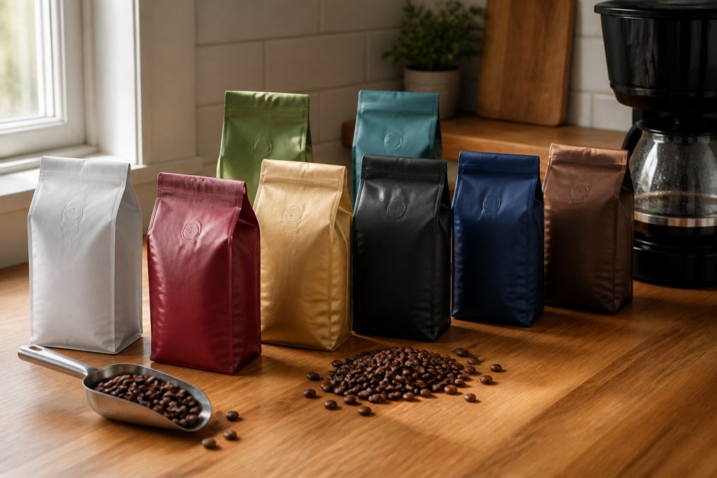 Flat lay of several whole bean coffee bags arranged on a wooden kitchen counter next to a drip coffee maker, warm natural light streaming from a nearby window illuminating the bags and scattered whole coffee beans