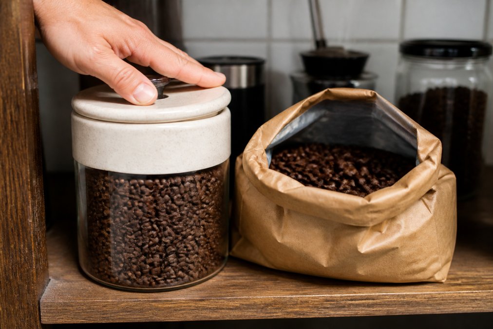 Close-up of a hand pressing down the lid of an airtight ceramic coffee canister on a kitchen shelf, whole coffee beans visible inside the canister, an open bag of fresh roasted coffee beans resting beside it on a wooden shelf, warm ambient kitchen lighting