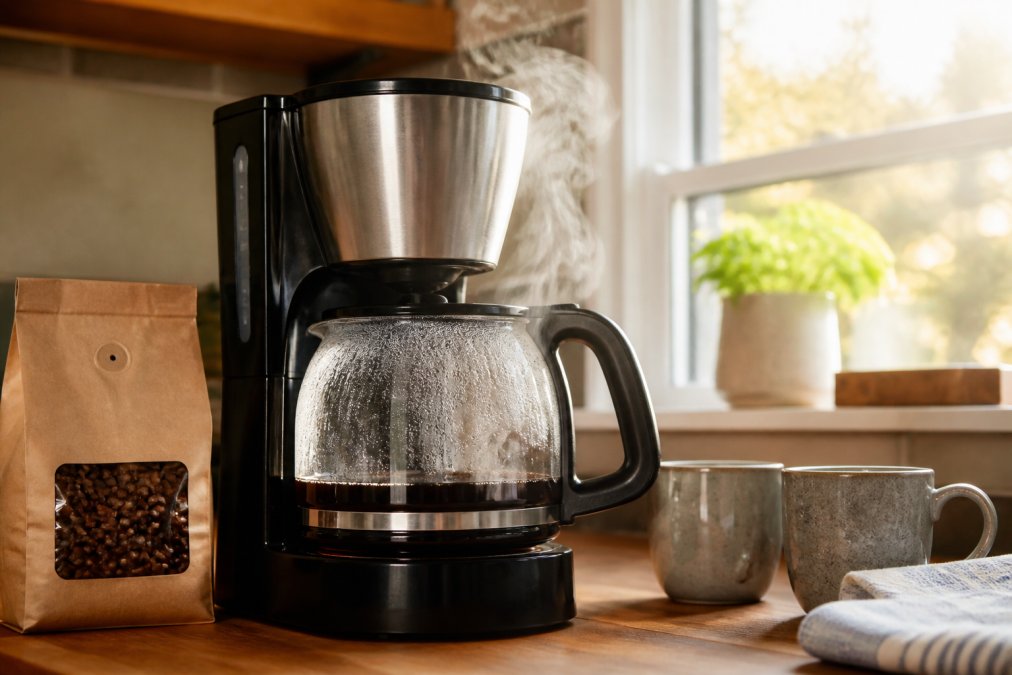 A close-up of a drip coffee maker brewing, with steam rising from the glass carafe and a bag of whole bean coffee beside it on a wooden kitchen counter, morning light through a window