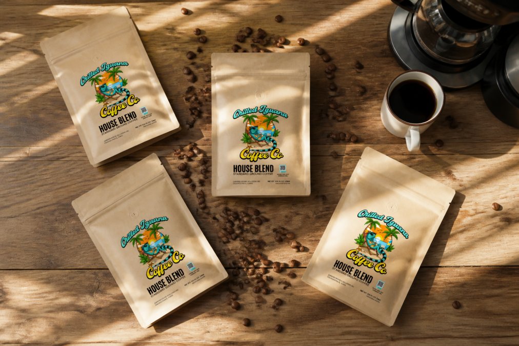 Overhead flat-lay of five different Chilled Iguana Coffee Co. bags arranged on a wooden table with whole beans scattered between them, a drip machine setup visible in the background with morning sunlight streaming across the scene