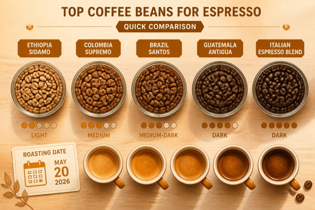 Overhead shot of five different coffee bean varieties in glass containers arranged on a wooden surface, showing distinct color variations from light cinnamon to dark chocolate brown roasts, with fresh espresso cups and a roasting date card nearby in natural morning light