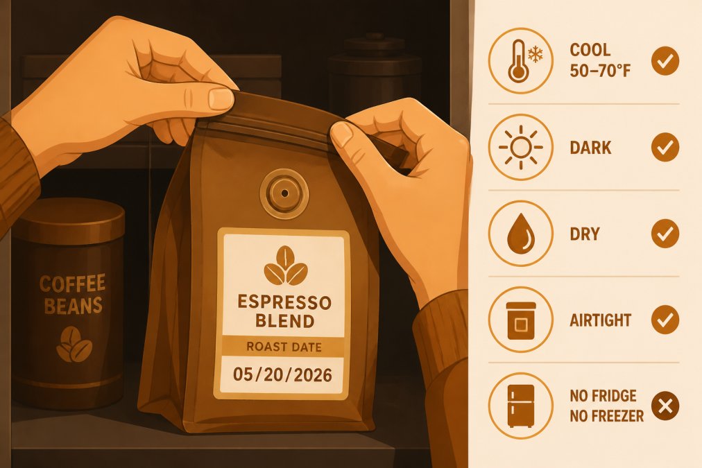 Close-up of hands carefully sealing a premium coffee bag with a resealable valve, showing the roast date label clearly visible and a cool, dark kitchen cabinet in soft indirect light