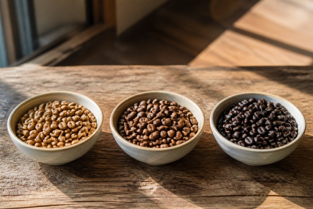 Three small ceramic bowls of whole coffee beans arranged side by side on a rustic wooden surface, each visibly different in color from pale golden-brown to medium caramel-brown to deep dark brown, photographed in warm natural window light