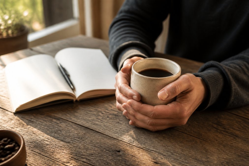 Close-up of a person's hands cradling a warm ceramic mug of black coffee over a worn wooden table, with a small open notebook and pen resting nearby as if recording tasting notes during a cupping session, soft morning light from a window