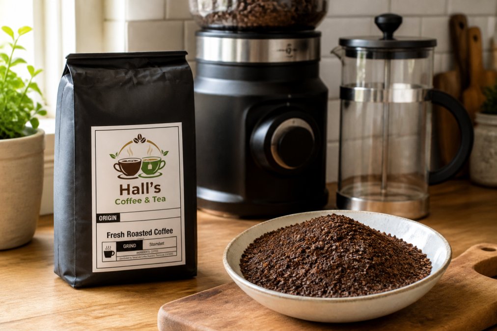 Close-up of coarsely ground coffee beans next to a burr grinder on a wooden kitchen counter, with a French press carafe in the background, warm natural window light