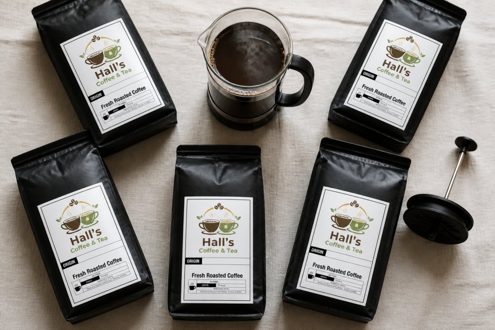 Overhead flat-lay of several small bags of single-origin coffee beans arranged around a glass French press filled with freshly brewed dark coffee, steam rising gently from the carafe on a light linen surface