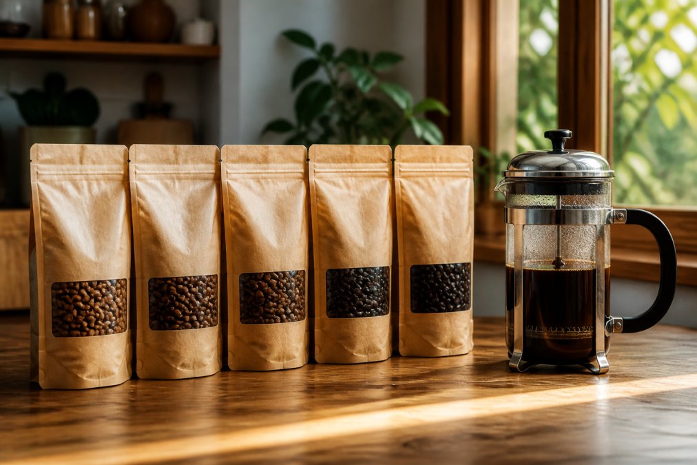 Five bags of coffee beans in different roast levels arranged beside a glass French press on a wooden kitchen counter, with warm morning light coming through a window