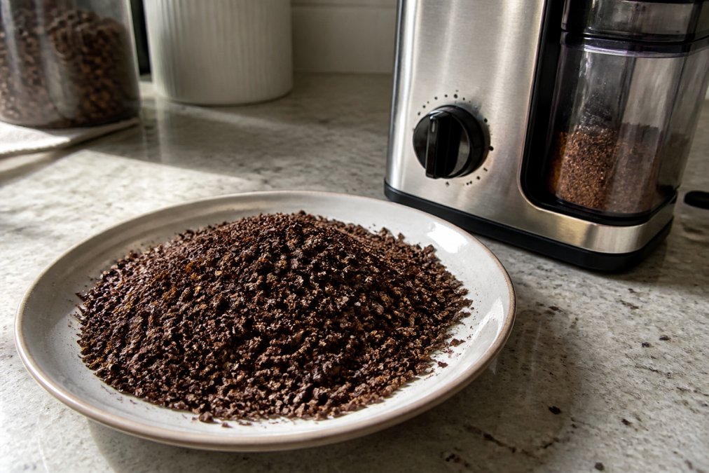 Close-up of freshly ground coffee with a coarse, chunky texture spread on a white ceramic plate, beside a stainless steel burr grinder on a kitchen counter under bright natural light