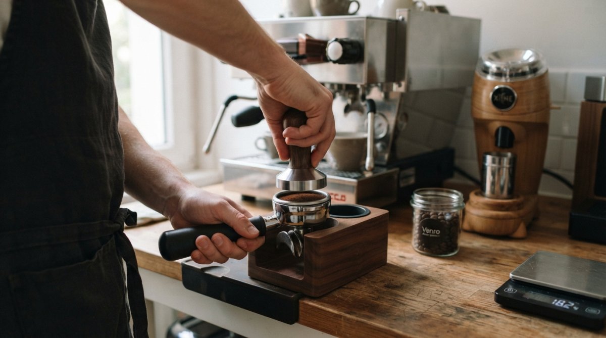Close-up of a home espresso machine with portafilter being tamped, fresh whole beans visible in a container nearby, espresso shot pulling into a white ceramic cup