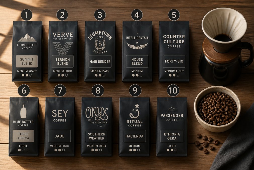 Close-up flat lay of several whole bean coffee bags arranged on a wooden table alongside a ceramic pour-over dripper and a small bowl of freshly roasted coffee beans, shot in warm natural window light
