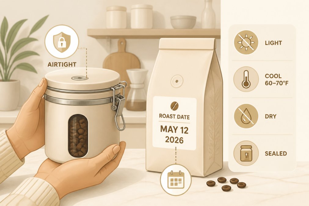 Hands holding a sealed airtight coffee container next to a coffee bag showing roast date, with a home kitchen counter in the background