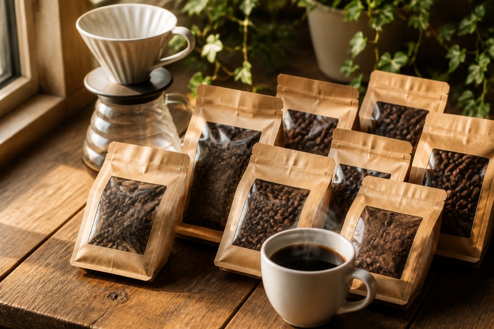 Flat lay of several small bags of specialty whole bean coffee arranged on a rustic wooden surface beside a ceramic pour over dripper and a steaming white cup of coffee, warm natural morning light from a nearby window