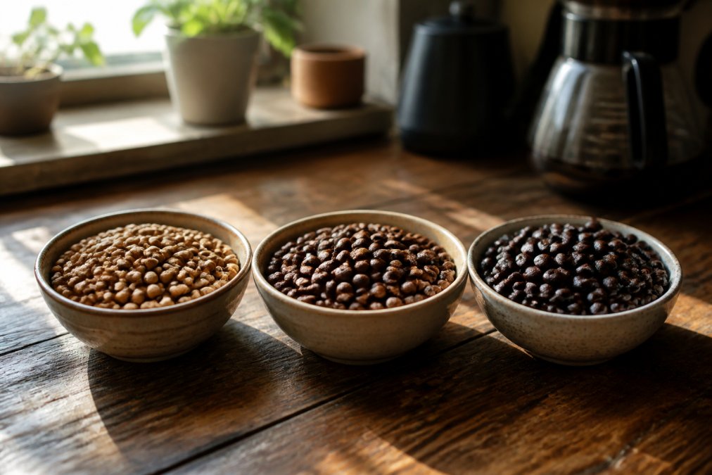 Close-up of three small ceramic bowls side by side, each holding a different roast level of whole bean coffee, light golden, medium brown, and dark oily, arranged on a worn wooden kitchen counter with warm morning sunlight coming through a window