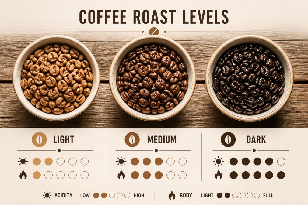 Close-up overhead shot of three small ceramic bowls of coffee beans arranged side by side on a rustic wooden surface, showing a clear gradient from light tan to medium brown to very dark espresso-brown roast, with warm natural light casting soft shadows